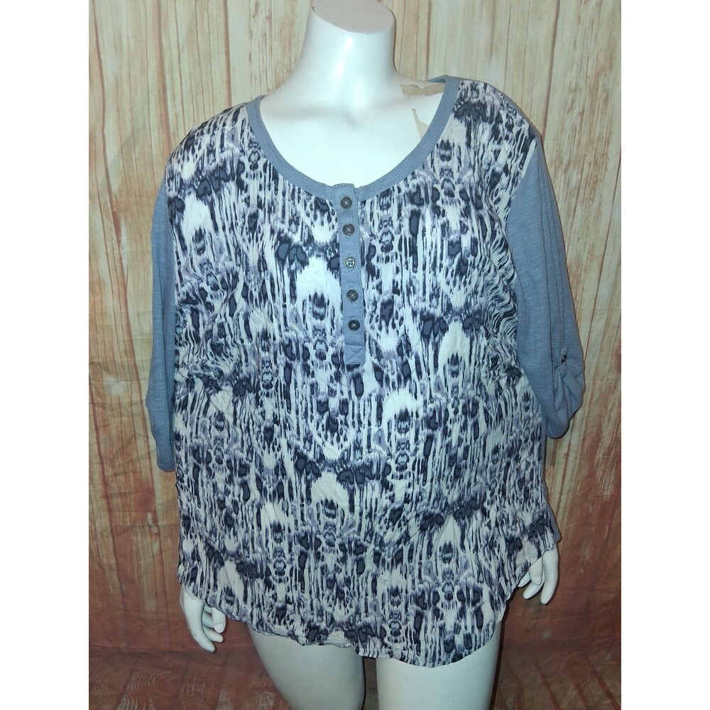 Bit & Bridle Blue Geometric Short Roll Tab Sleeve Blouse Sz 1X